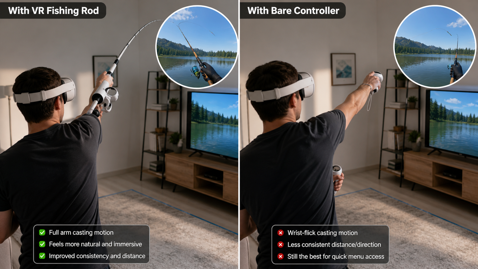 A split view showing a VR player's arm motion casting with a fishing rod accessory and with a bare controller.