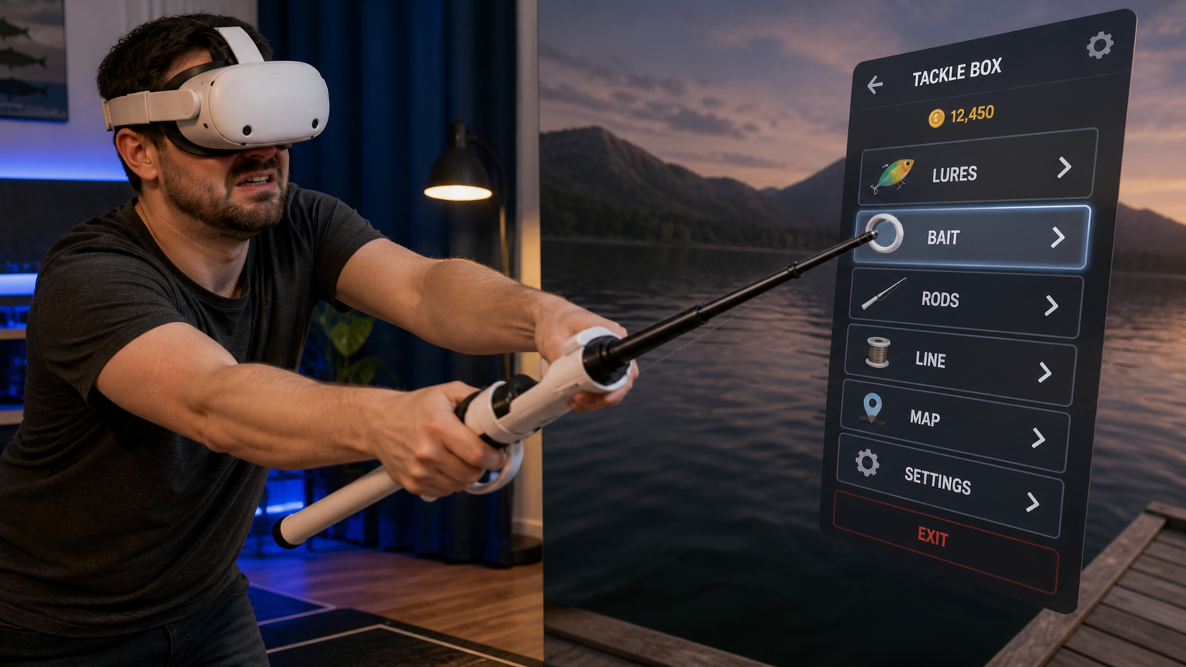 A VR player looking frustrated while awkwardly aiming the long fishing rod accessory at a small in-game menu button.