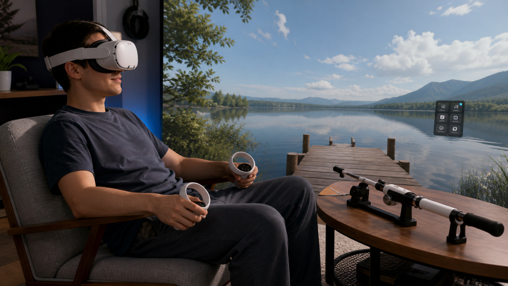A player is relaxing in a virtual environment with bare controllers, the VR fishing rod accessory sits on a table nearby.