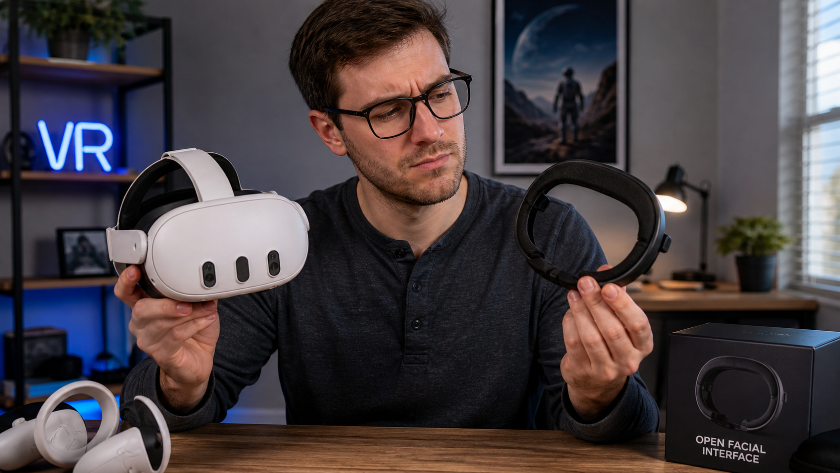 A person wearing glasses holds a Quest 3 and an open facial interface, weighing comfort against extra gear