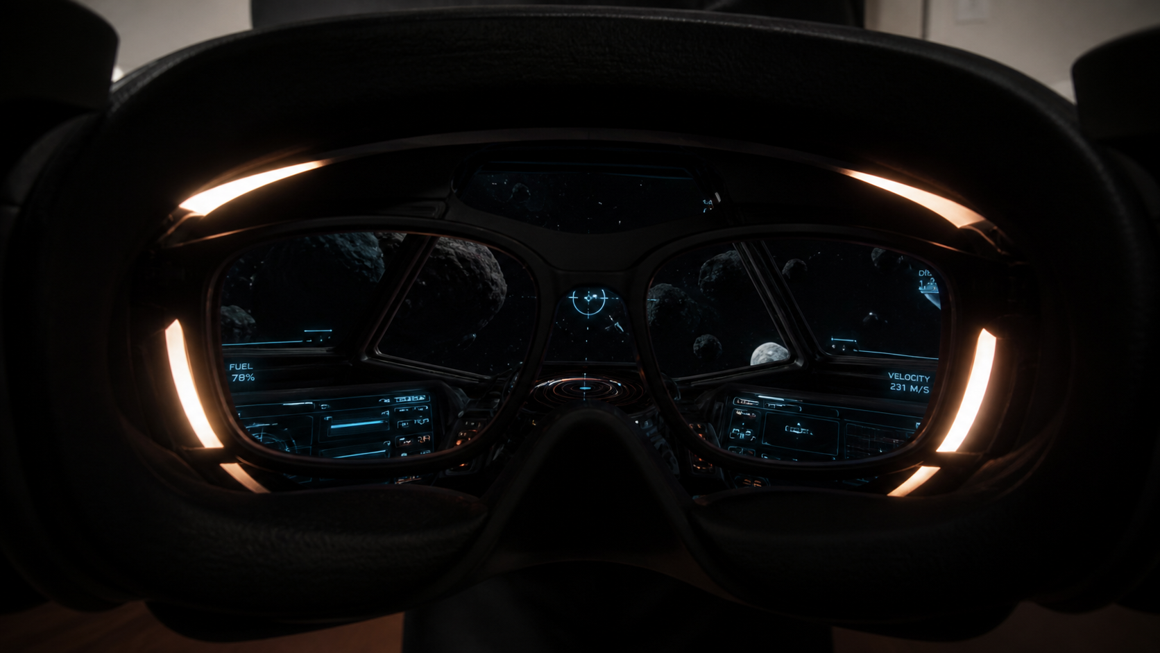 A view from inside a headset showing distracting light leaking in around the edges of a user's glasses