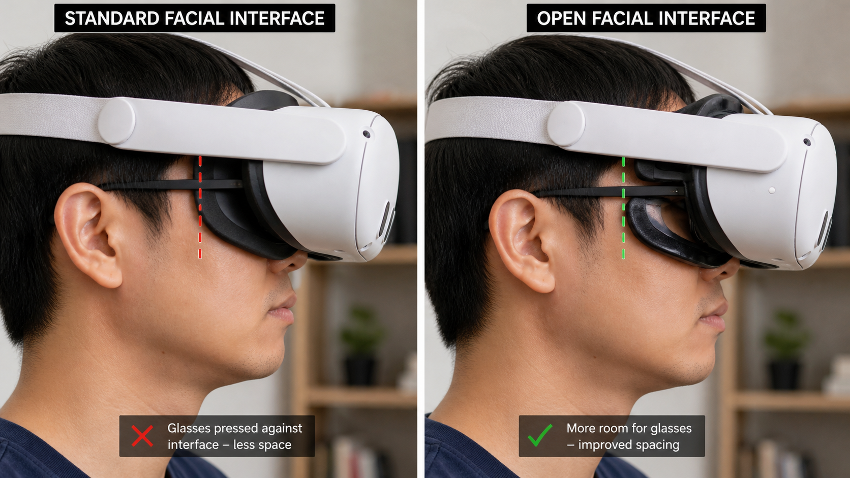 A side-by-side photo comparing the fit of glasses with the standard facial interface versus the open one