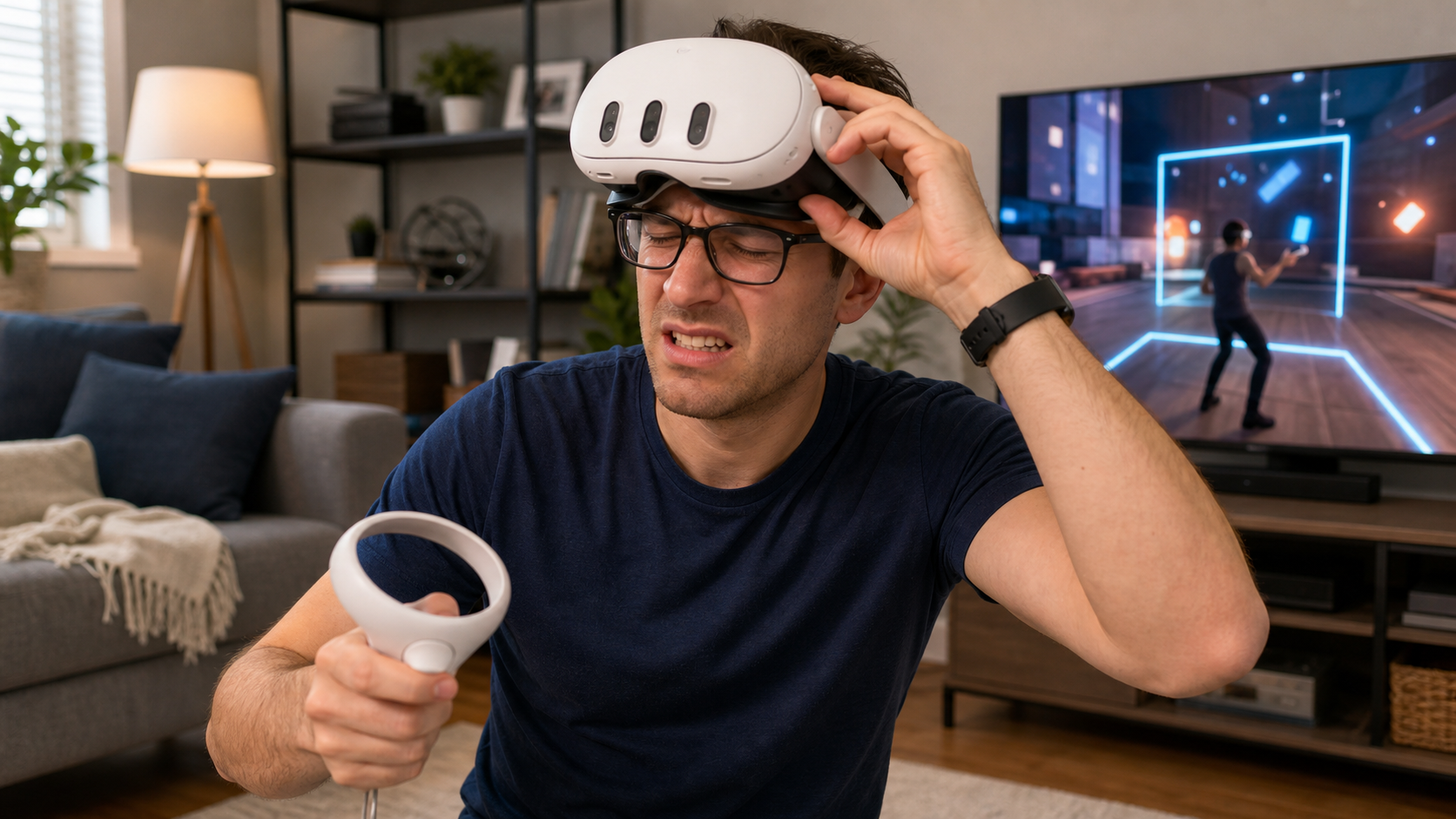 A frustrated glasses user constantly adjusting their VR headset during a mixed reality game in their living room