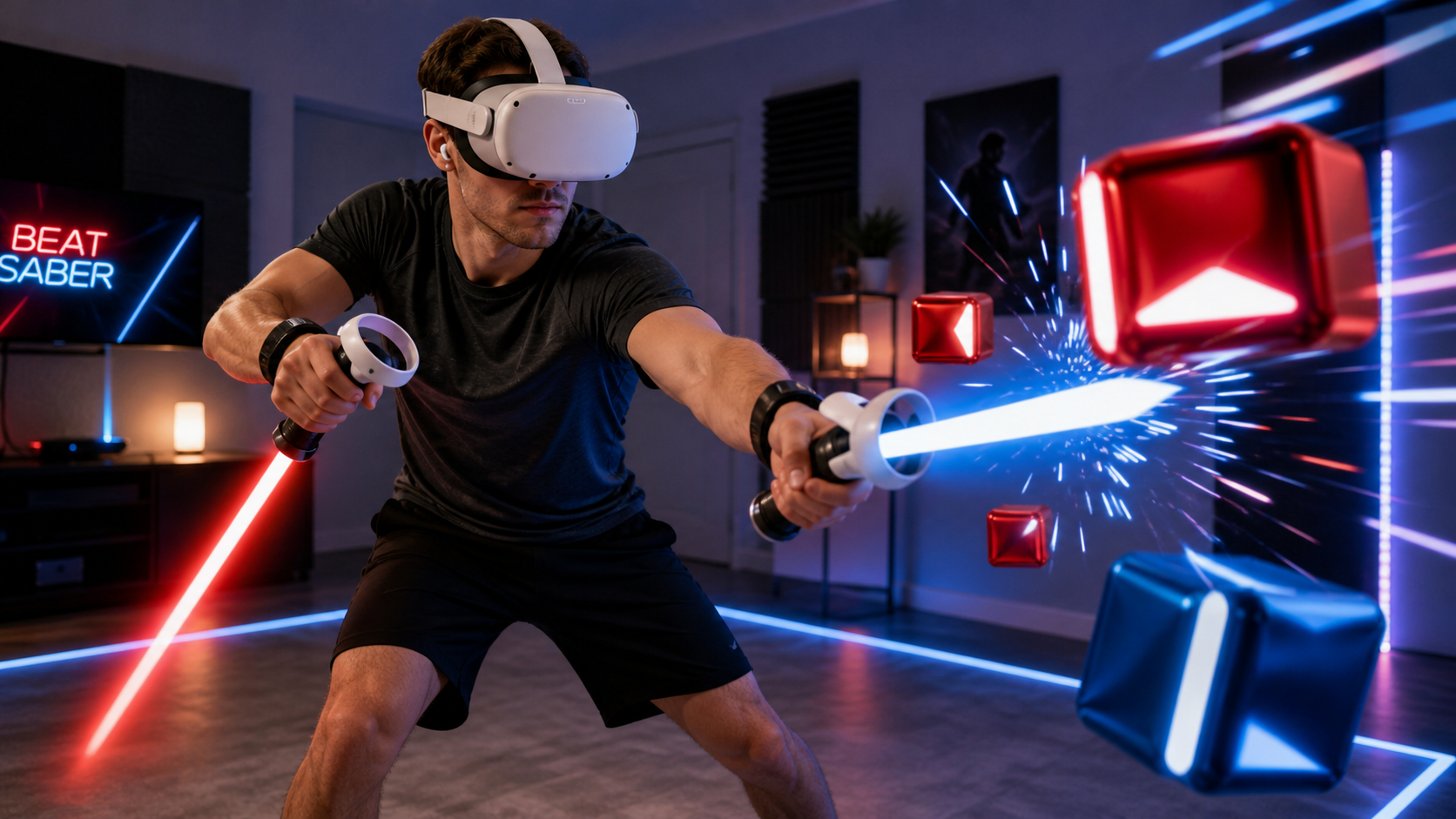 An Expert+ Beat Saber player in a VR headset focused intently on hitting a fast sequence of blocks