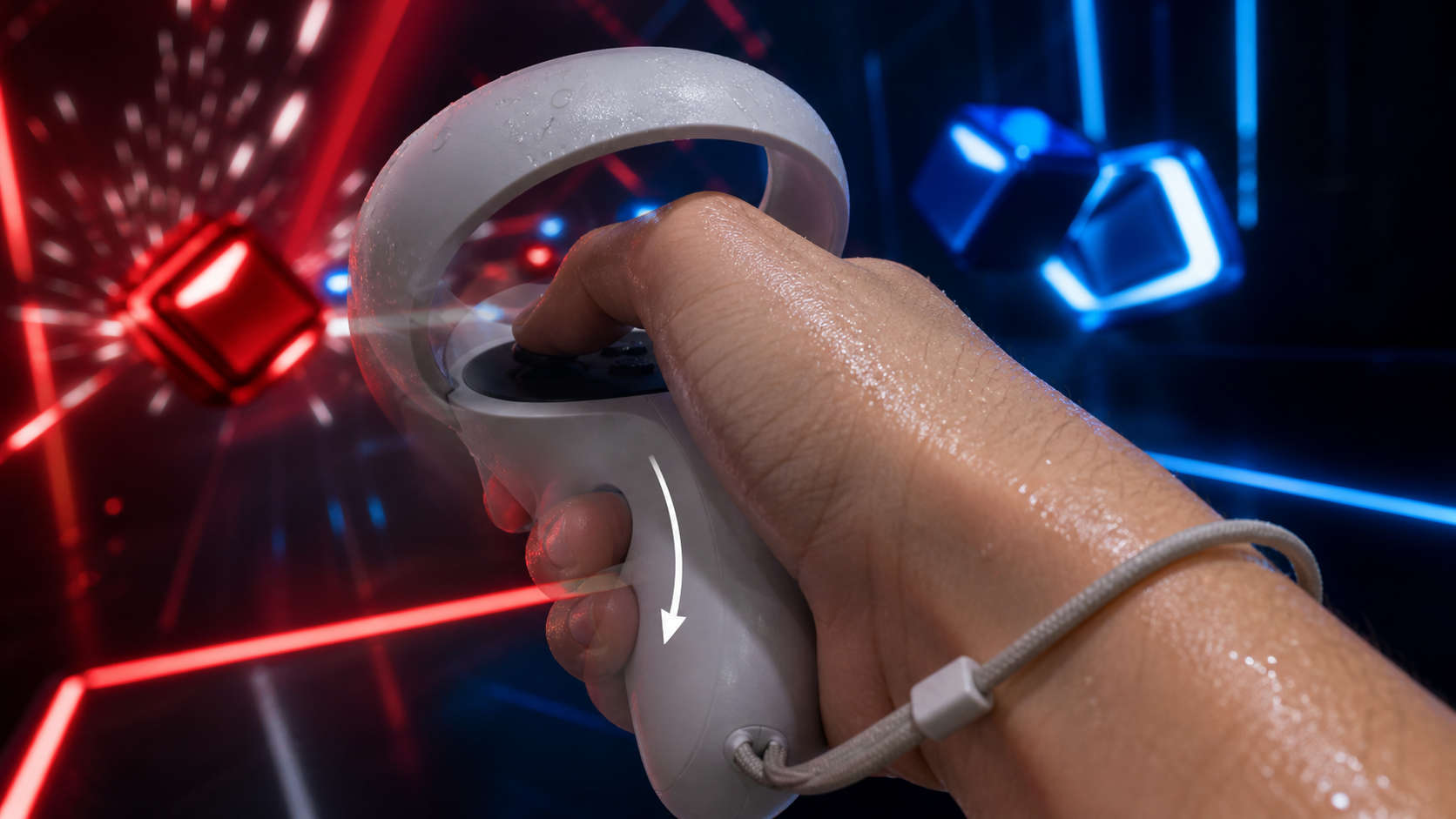 A close-up of a player's hand on a VR controller during a Beat Saber song, showing a slight slip