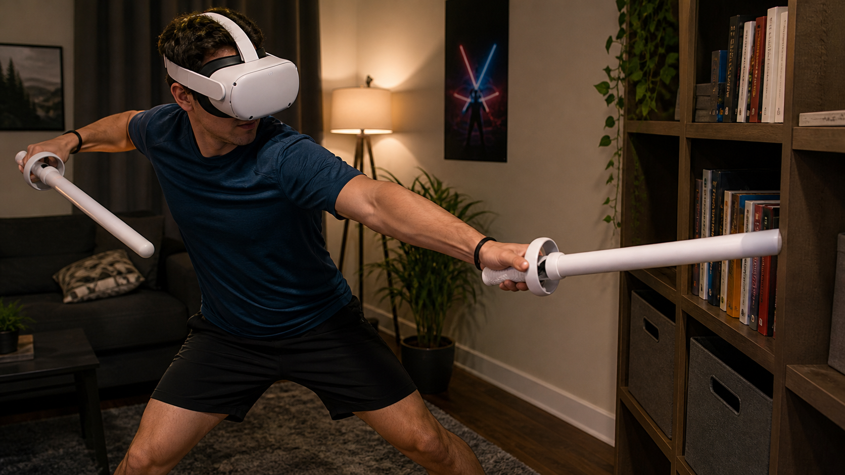 A person playing VR with long Beat Saber grips nearly hitting a bookshelf in a cramped living room