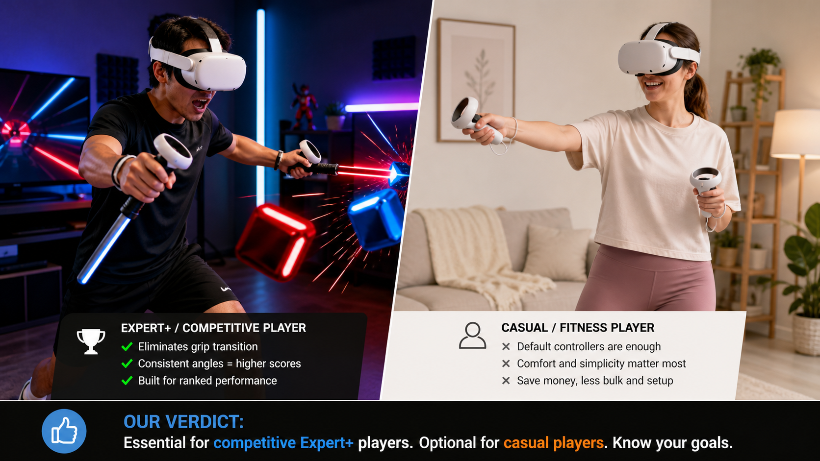 A split-screen view showing an intense gamer using Beat Saber grips and a casual player using standard controllers