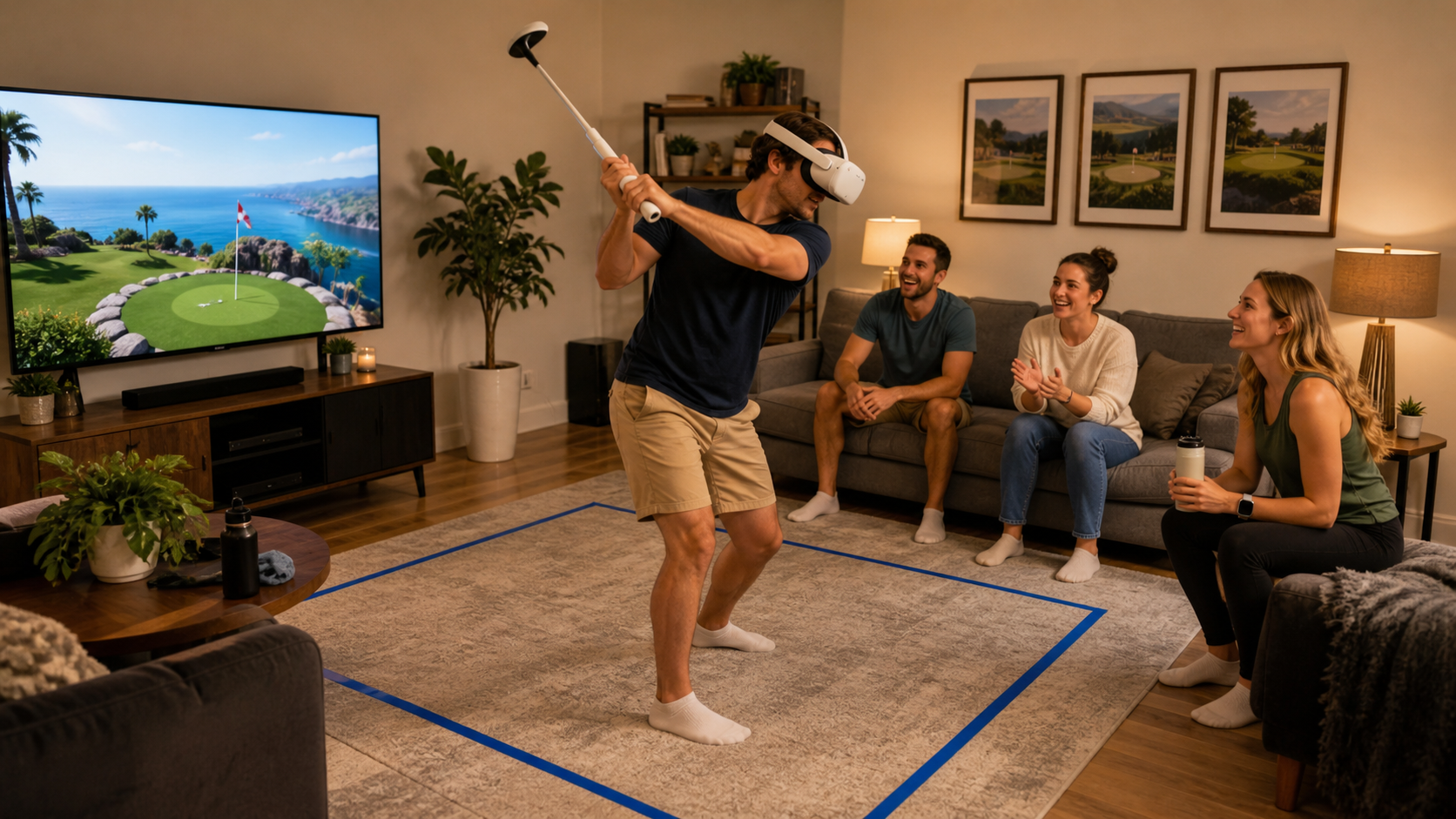 A family in their living room enjoying a VR golf game, with one person using a golf club attachment.