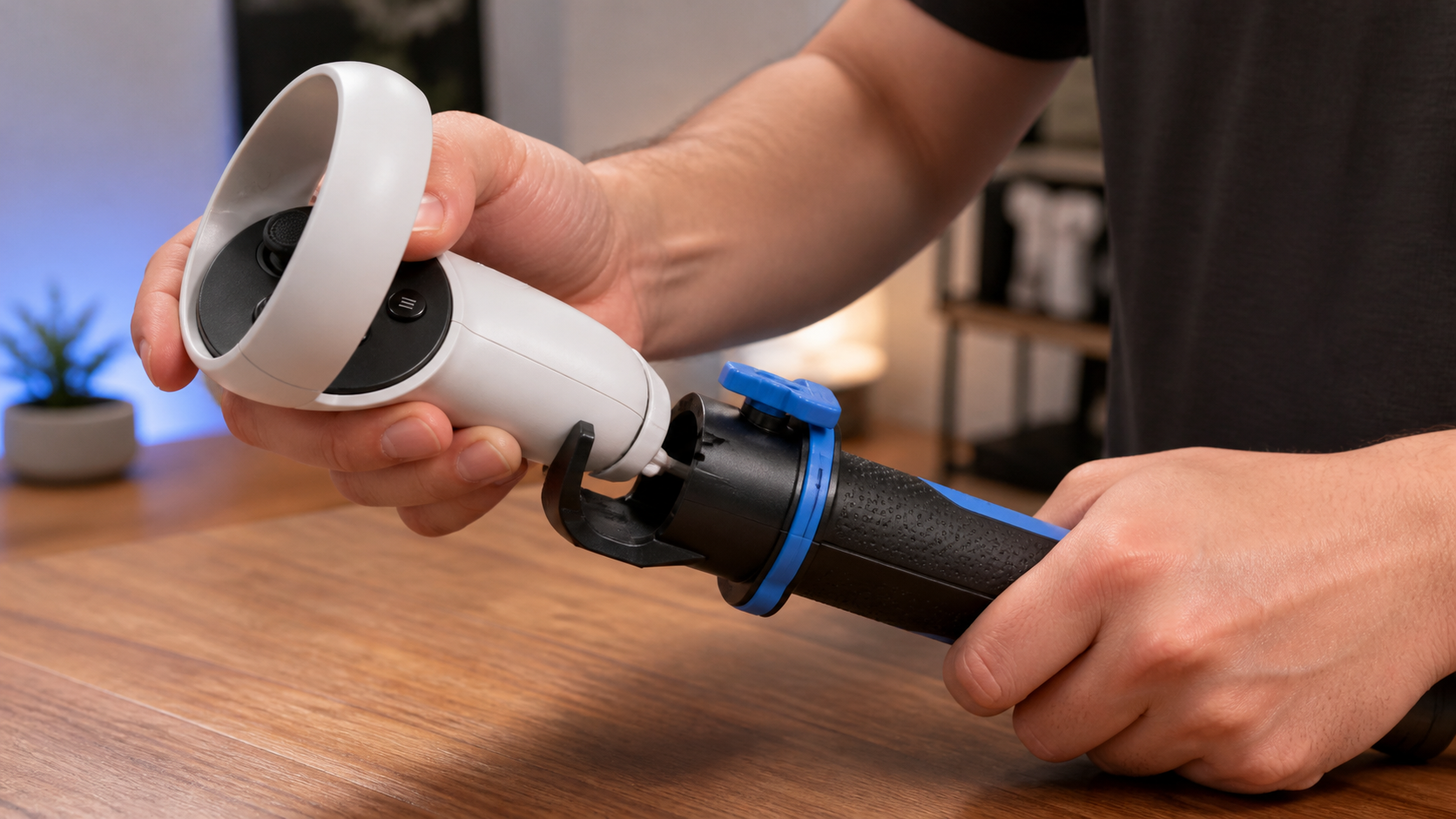 A close-up view of a left-handed person carefully securing a Meta Quest 2 controller into a VR golf club handle.
