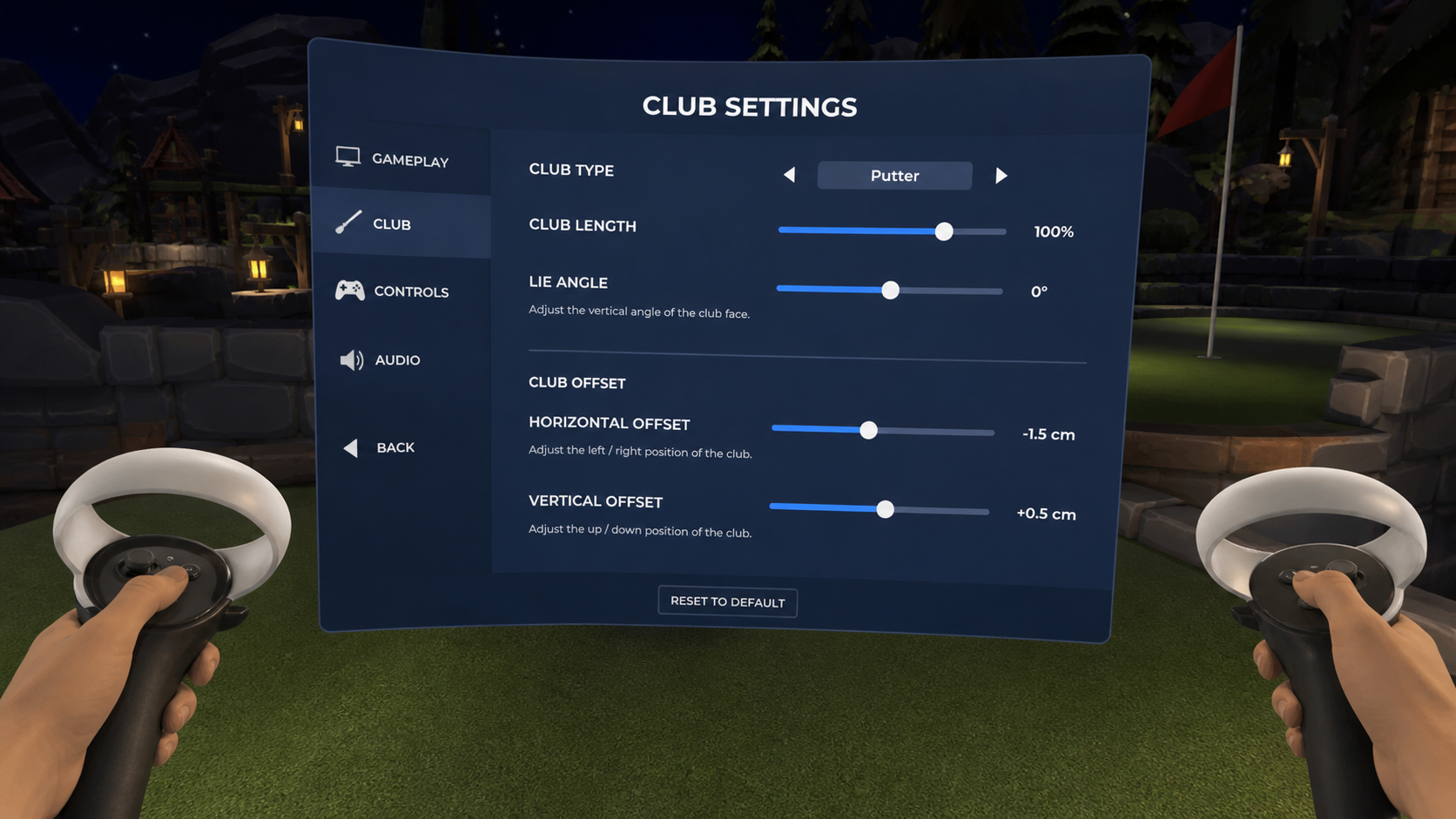 A first-person view of a VR golf game's settings menu, showing sliders for club angle and offset adjustments.