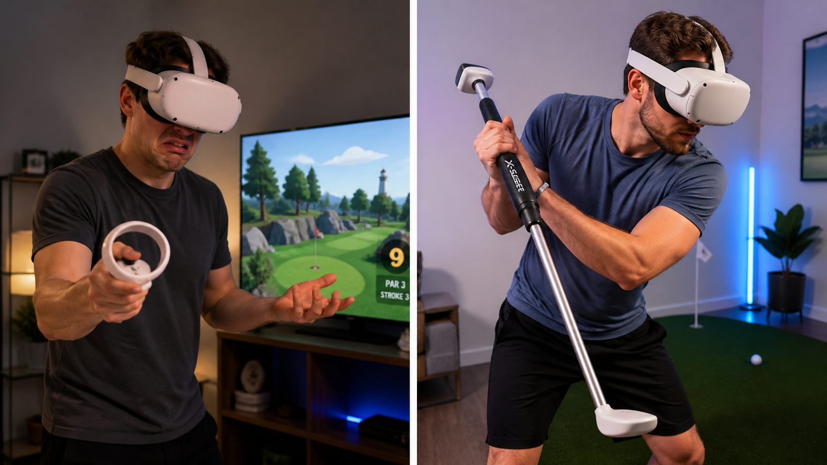 A split image showing a frustrated player with a standard controller versus a focused player using a golf club attachment.