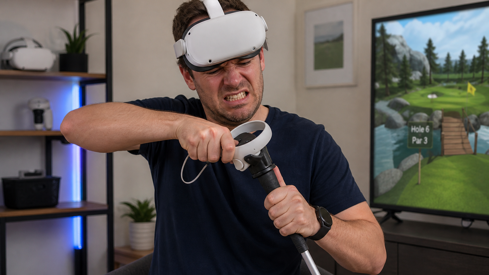 A VR player with a look of annoyance as they struggle to remove their controller from a golf club handle mid-game.