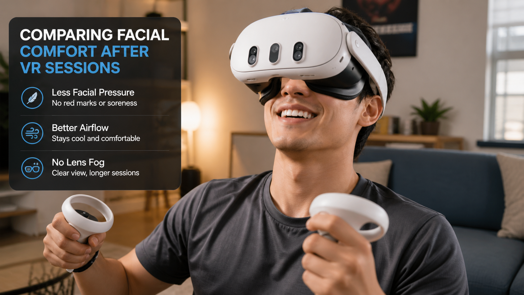 A Quest 3 user with an open facial interface, showing less facial pressure and no fog on the lenses