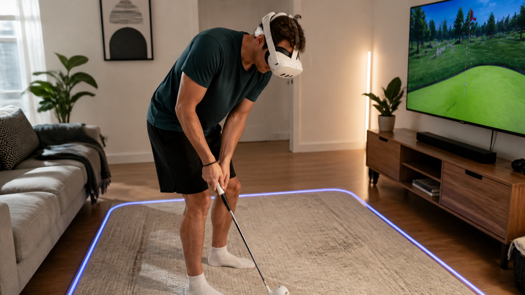 A person playing VR golf in their living room, glancing down through the open interface to see the floor