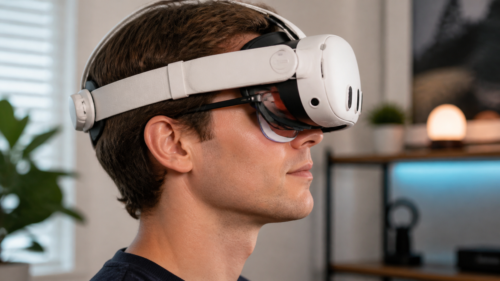 Side profile view of a person wearing glasses comfortably with the open facial interface on a Quest 3