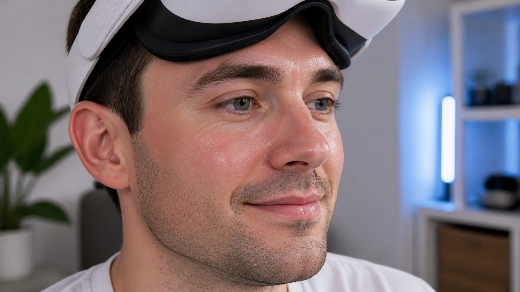 Close-up on a user's face showing no red pressure marks after using the open facial interface for an hour