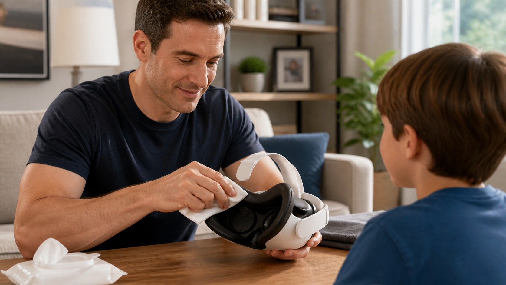 A parent wiping the silicone pads of an open facial interface before handing the VR headset to their child