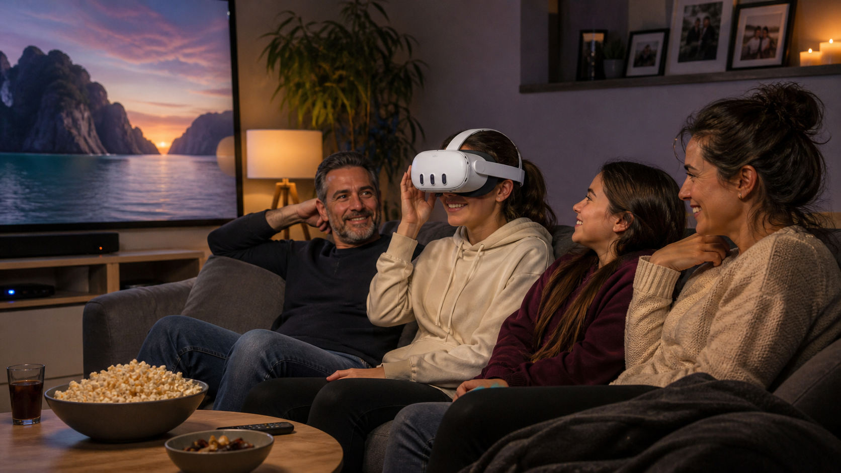 A family on a living room couch watching a movie, one person comfortably wearing a Meta Quest 3 with a silicone strap.