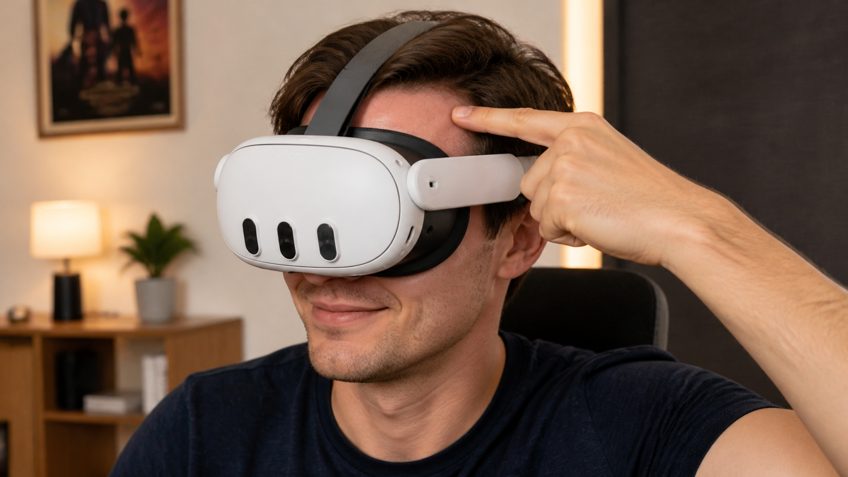A person wearing a Meta Quest 3 with a silicone strap, looking relaxed and pointing to their forehead showing no red pressure marks.