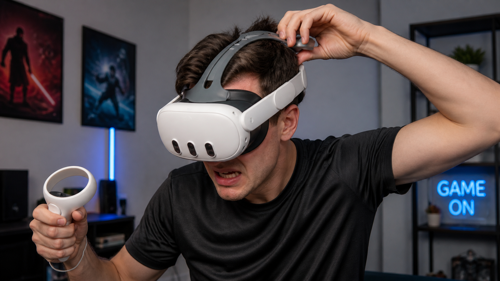 A VR user with a frustrated expression readjusting a silicone head strap that has slipped down during an active game.
