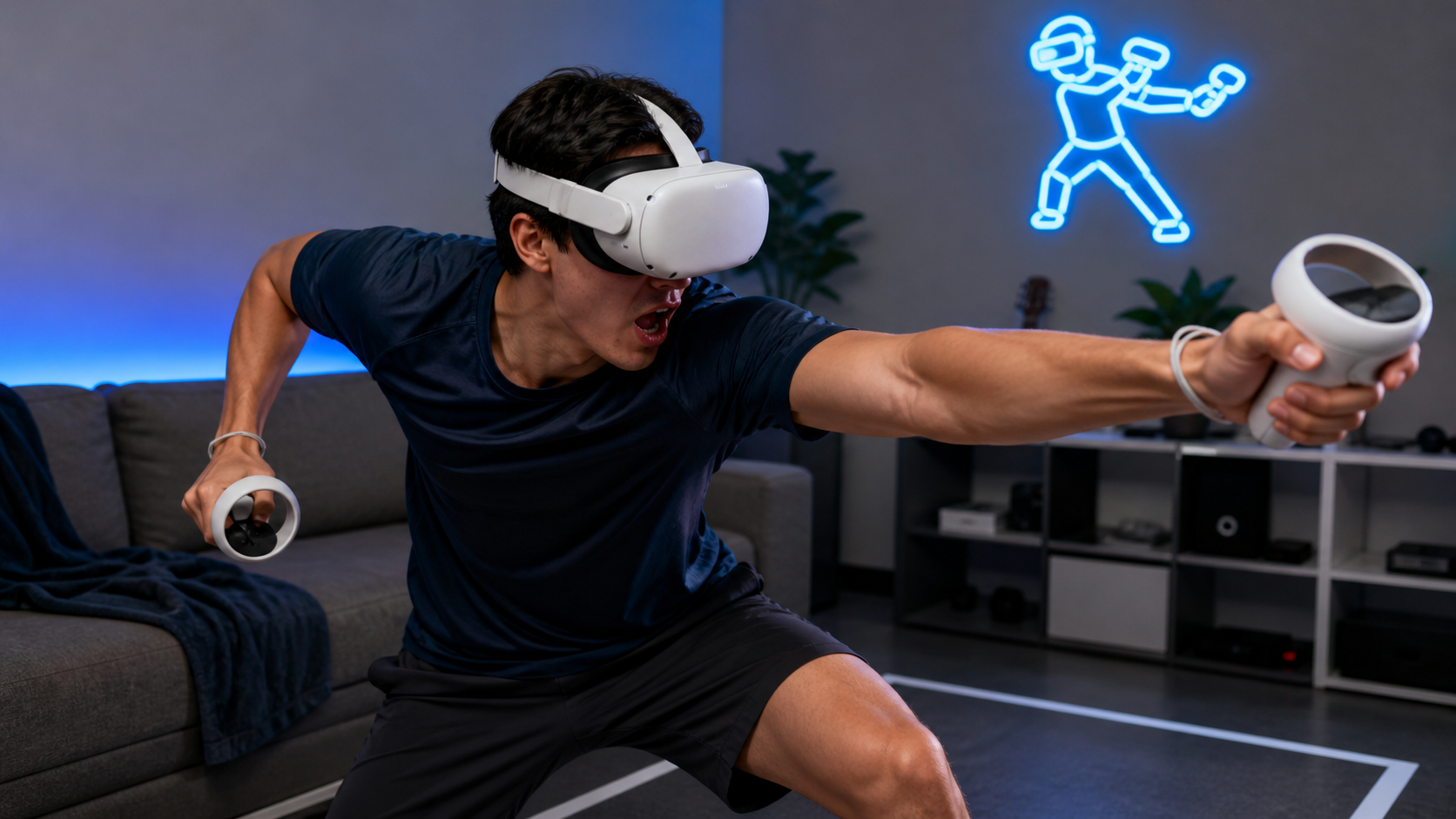A competitive VR gamer making a very fast, intense movement, highlighting the need for a highly secure and rigid head strap.