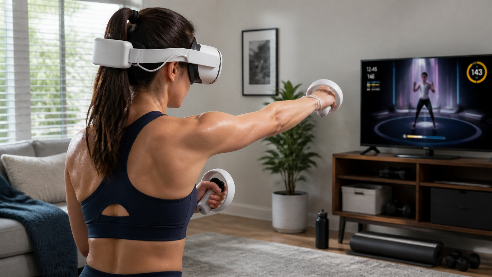 A person wearing a Meta Quest 2 headset during a home fitness workout, with a battery pack attached to the strap.