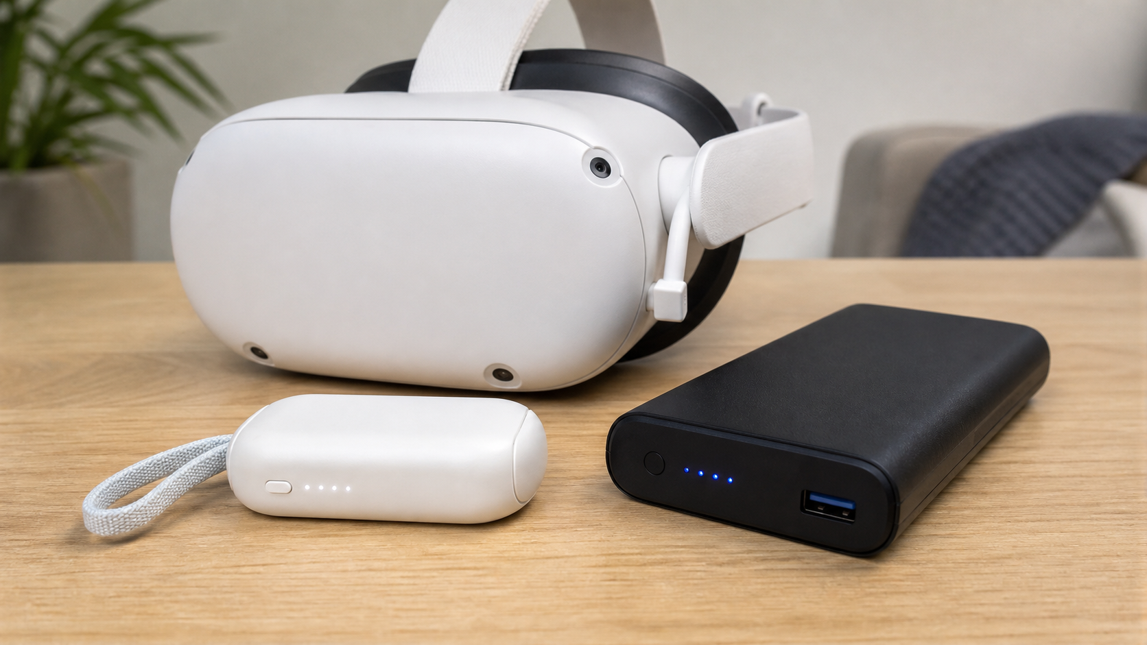 A side-by-side comparison showing a small official battery pack and a larger pocket power bank next to a VR headset.