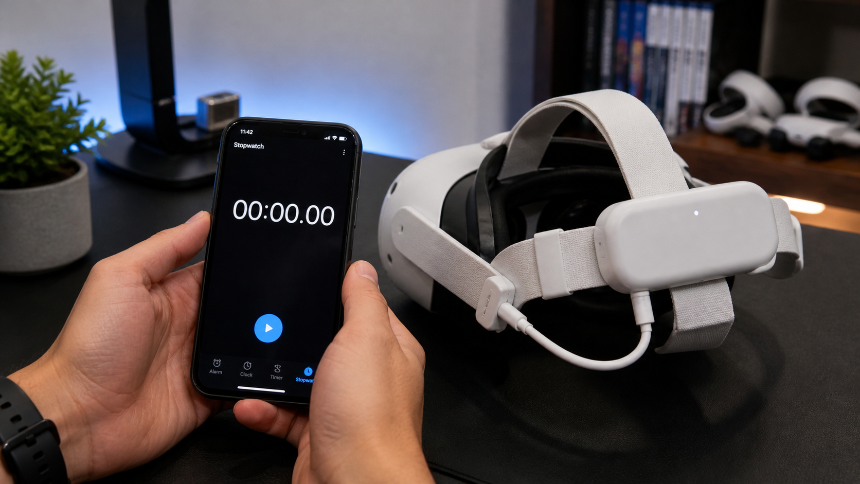 A person's hands holding a smartphone with a stopwatch app open next to a VR headset charging.