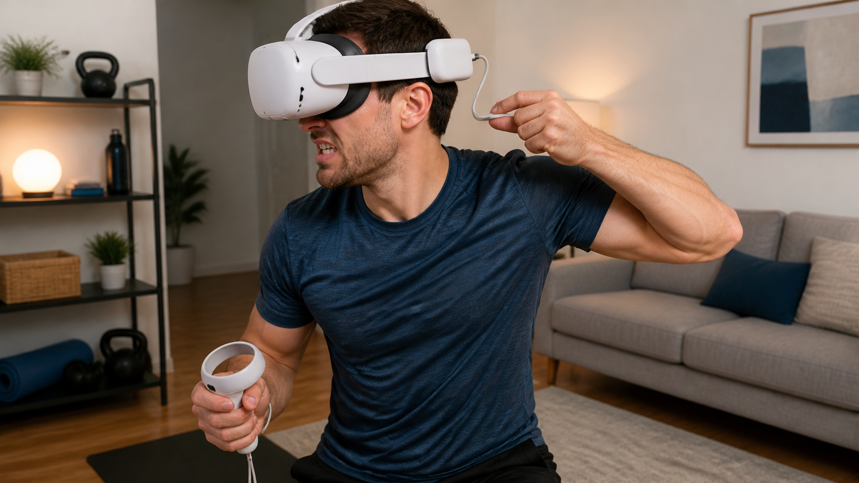 A person looking frustrated while adjusting the cable on their VR headset during a workout in their living room.