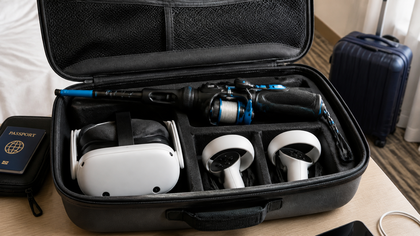 A VR fishing rod accessory is packed neatly beside Quest controllers inside a small travel case.