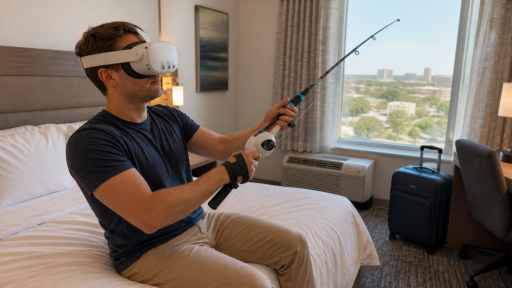 A person is sitting on a hotel bed, using the Quest with the fishing rod accessory.