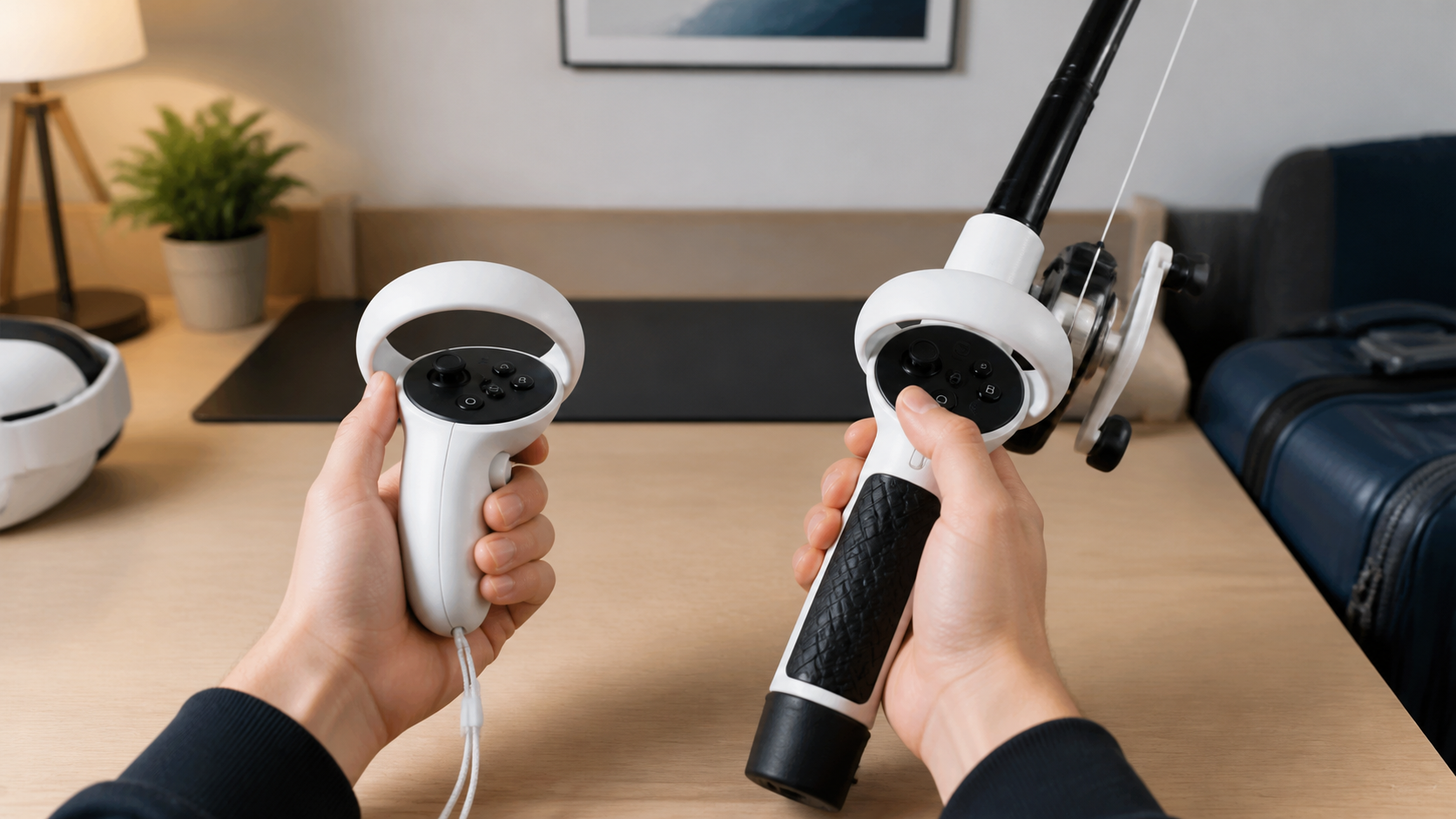 A side-by-side view shows a hand holding a bare controller next to a hand holding the fishing rod.