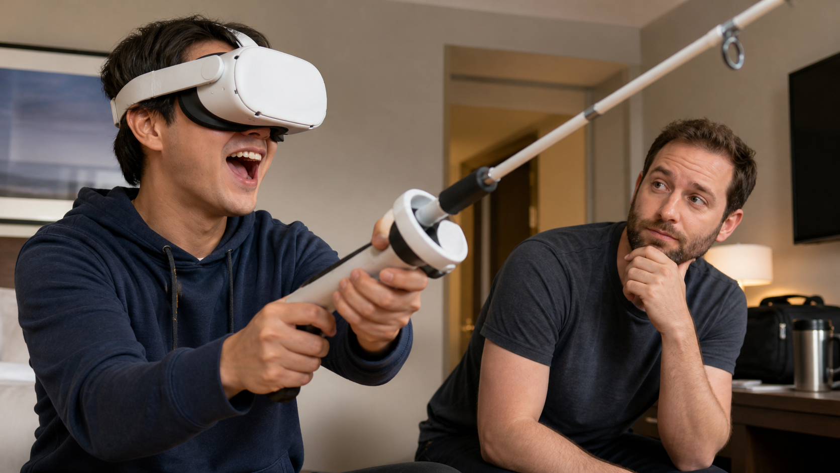 A new VR user excitedly tries the fishing rod while a seasoned player watches with a thoughtful expression.
