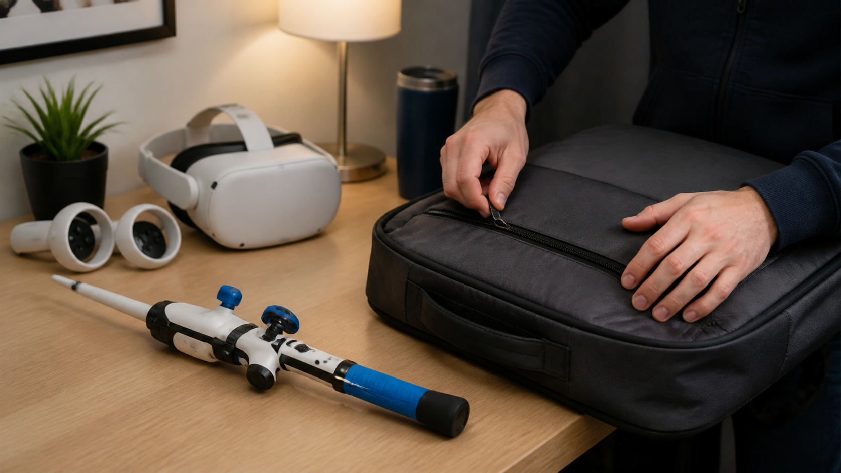 The VR fishing rod attachment is left behind on a desk as a travel bag is zipped up.