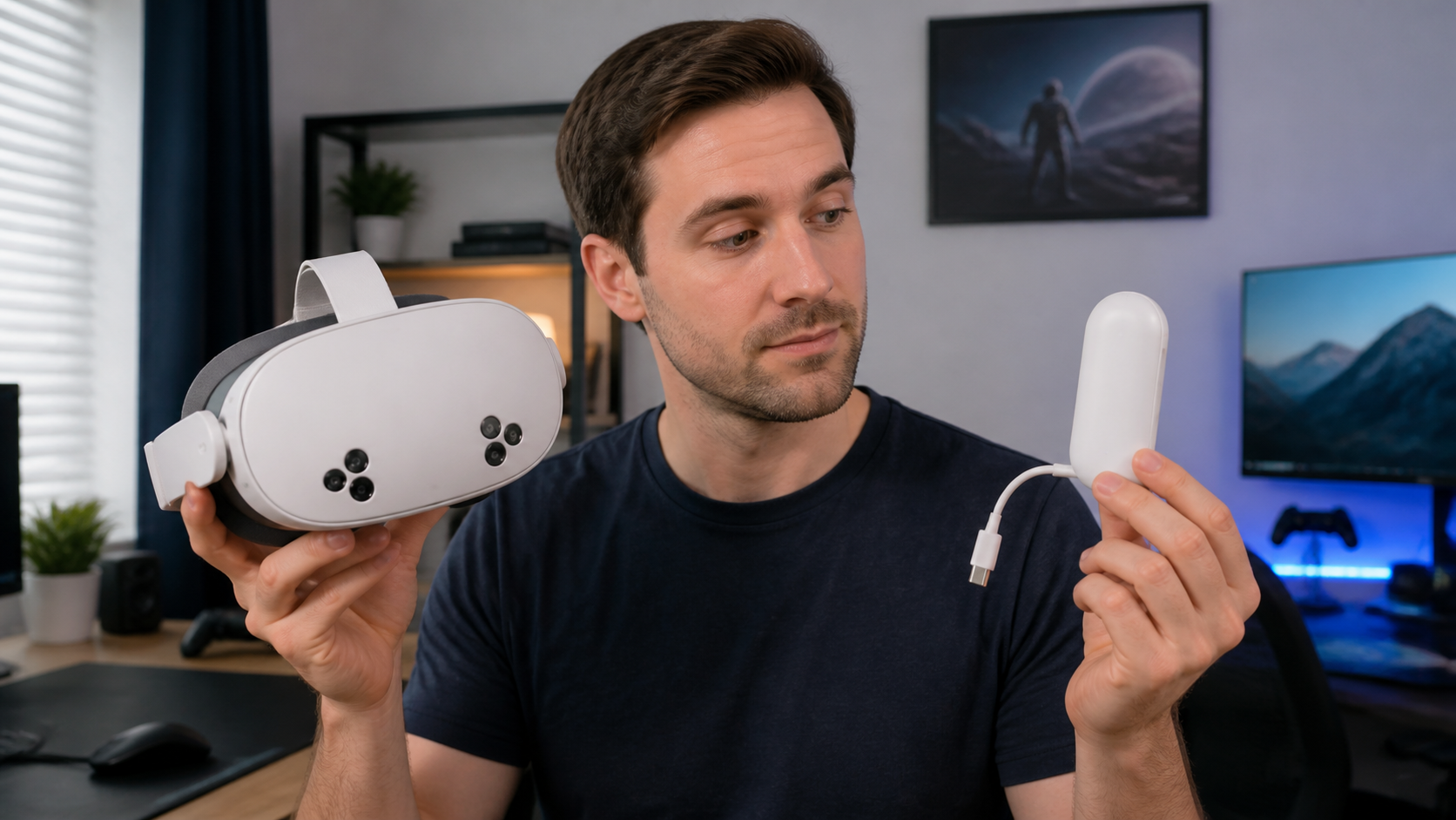A person holding a Meta Quest 3S in one hand and the small official battery pack in the other