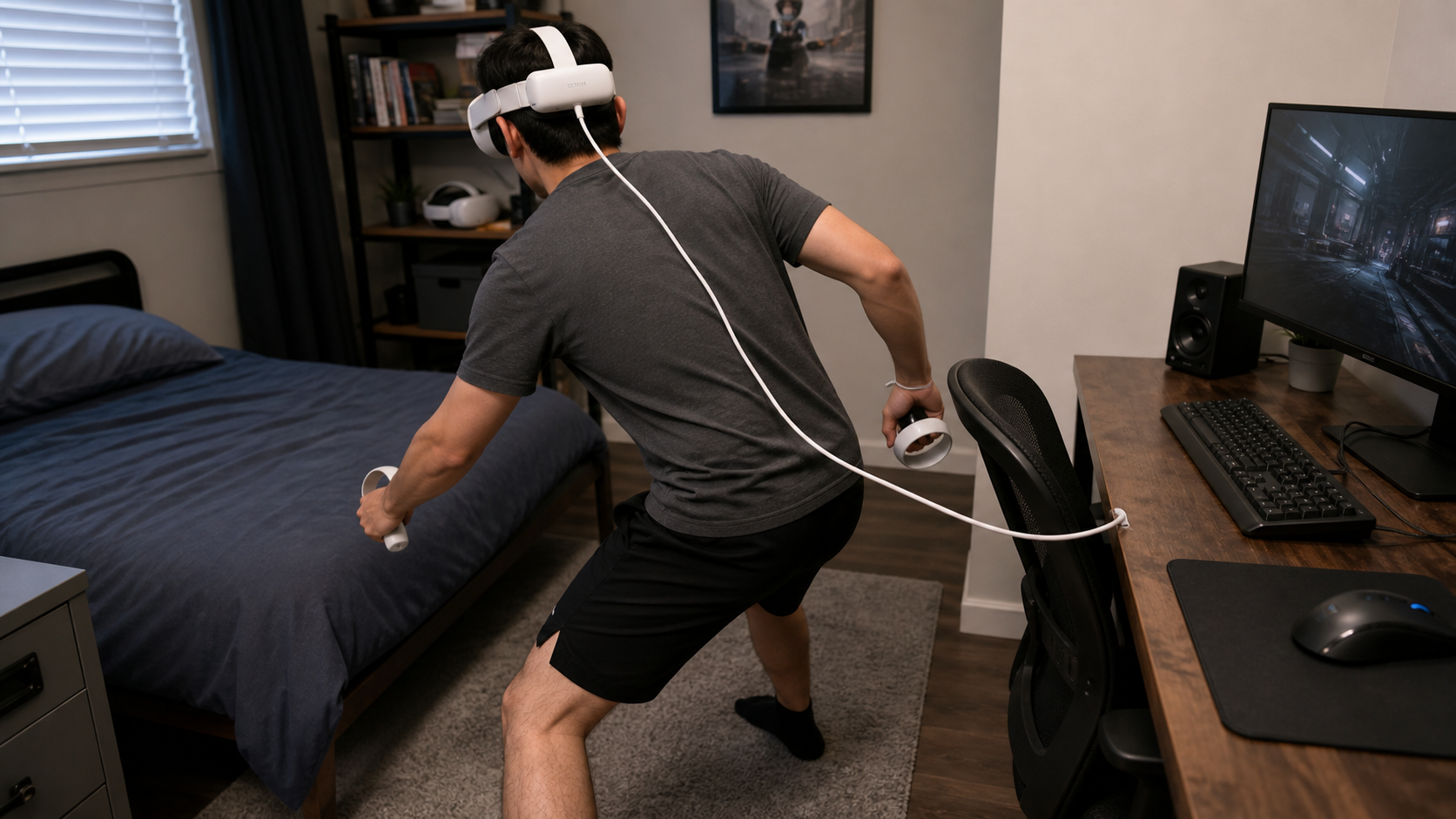 A VR user in a small bedroom carefully steps around a desk to avoid snagging their battery pack cable