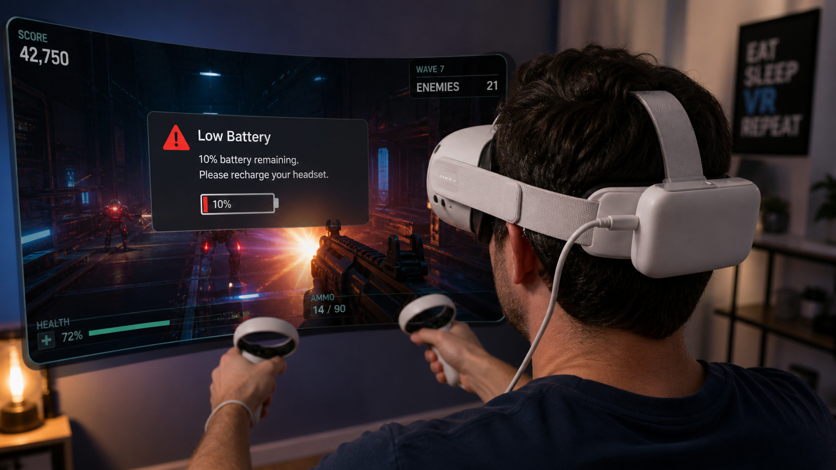 A VR gameplay screen showing a low battery warning while a heavy battery pack is visibly attached to the headset