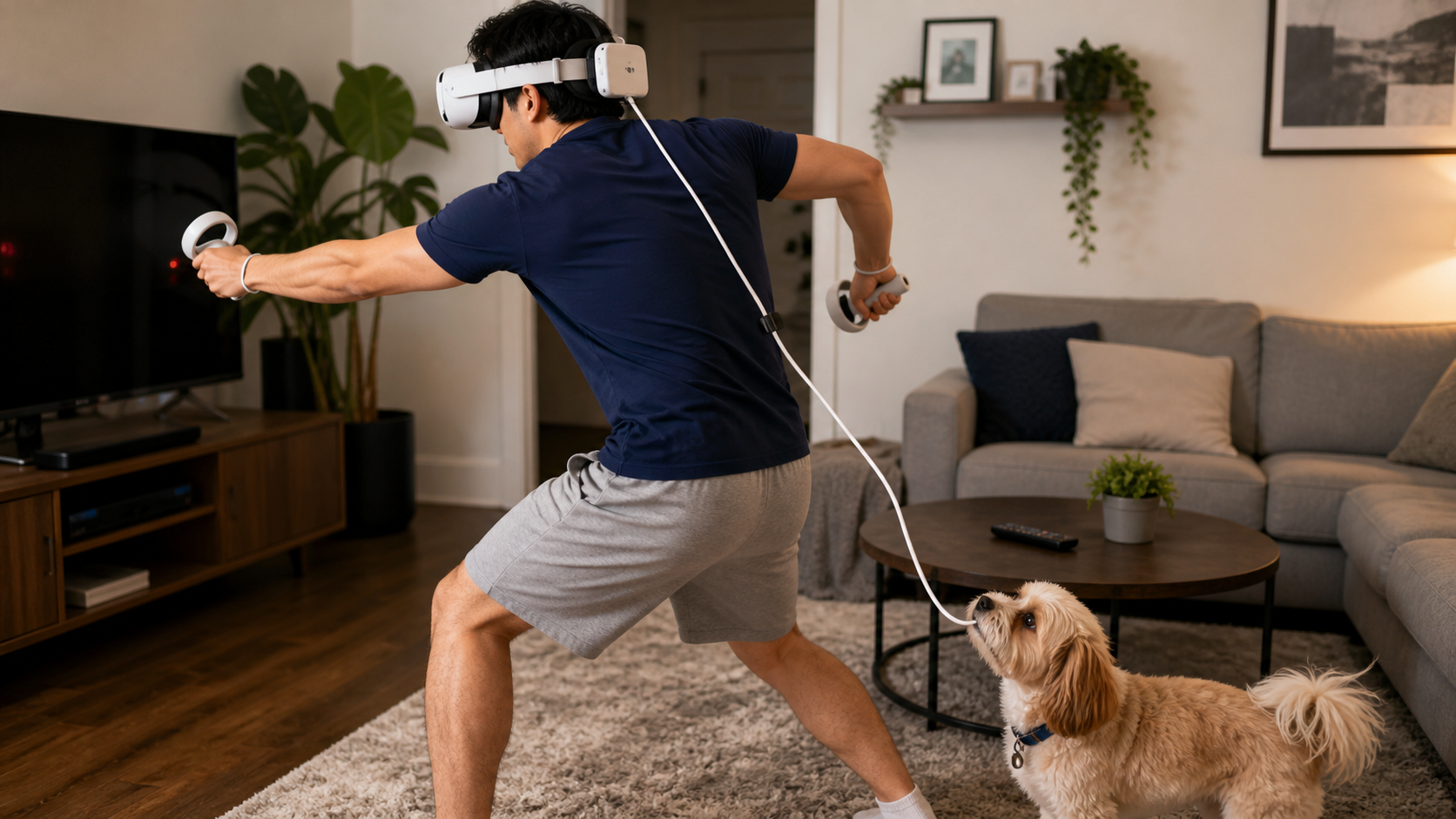 A person playing VR in a living room as their battery pack cable dangles dangerously close to a small dog