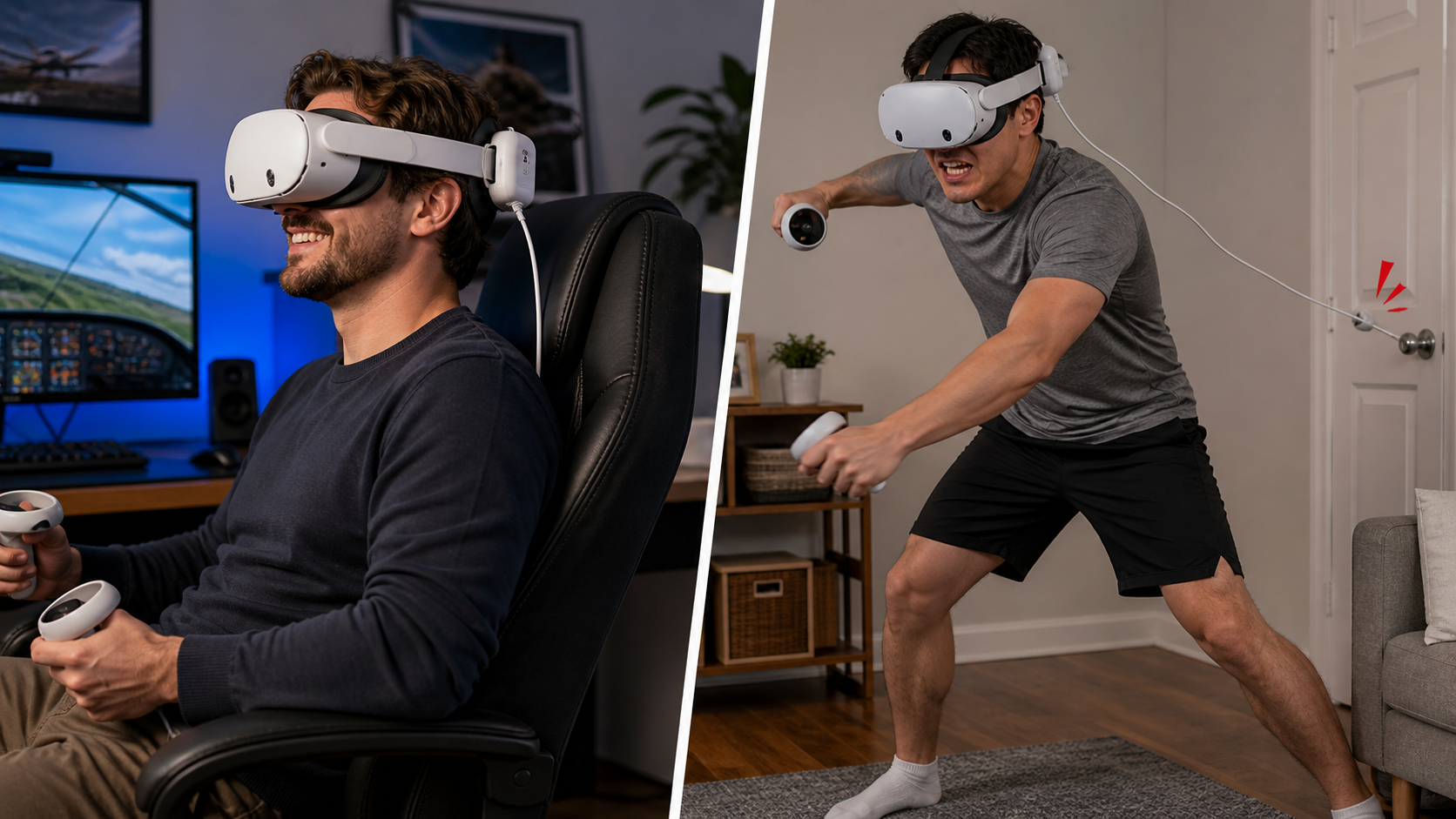 A split view showing a happy seated VR user on the left and a frustrated active VR player on the right