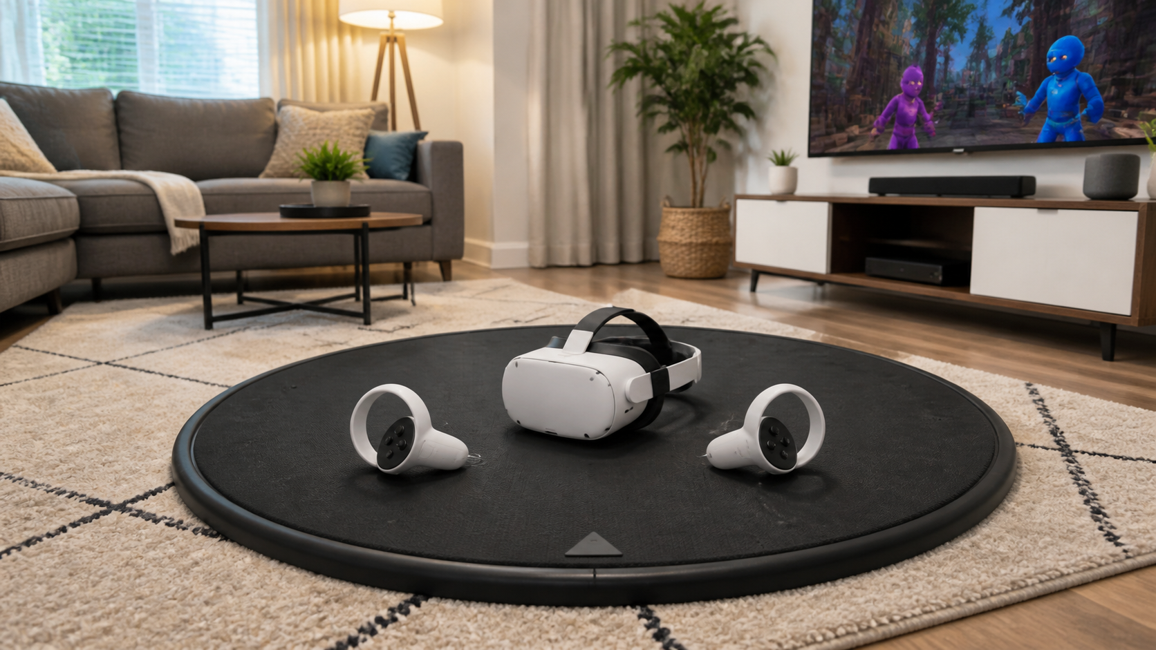 A family living room with a round black VR mat in the center, a VR headset and controllers on it.