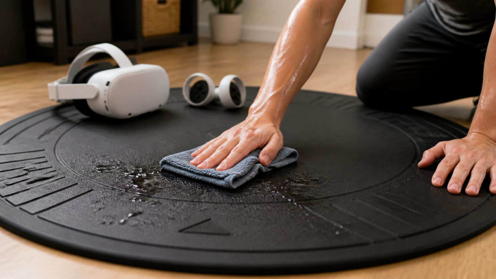 A person is wiping down a black VR mat with a microfiber cleaning cloth after a sweaty VR fitness workout.