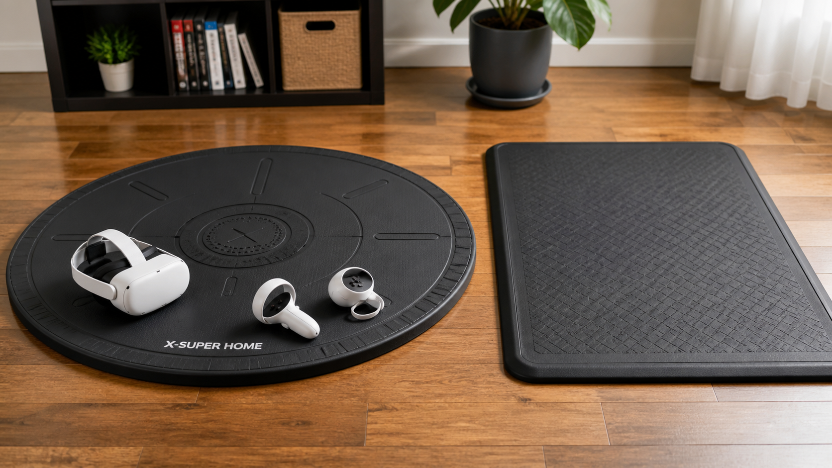 A side-by-side comparison showing a branded round VR mat next to a simple, cheaper rectangular anti-fatigue kitchen mat.