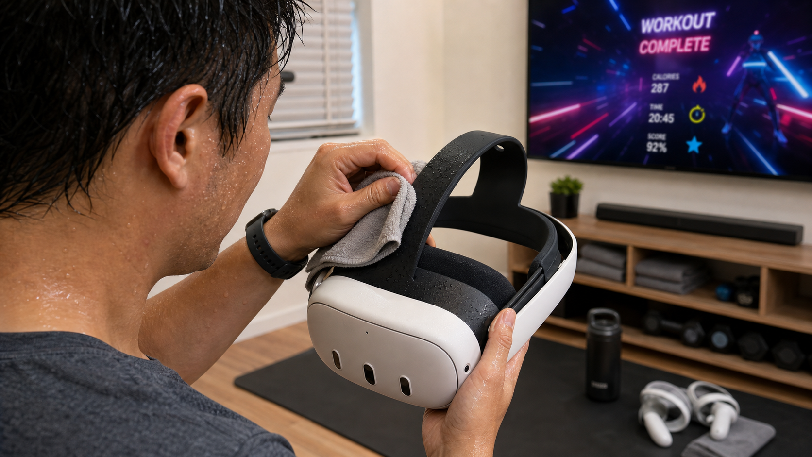 A person easily wiping sweat off a black silicone head strap on a VR headset after a fitness game.