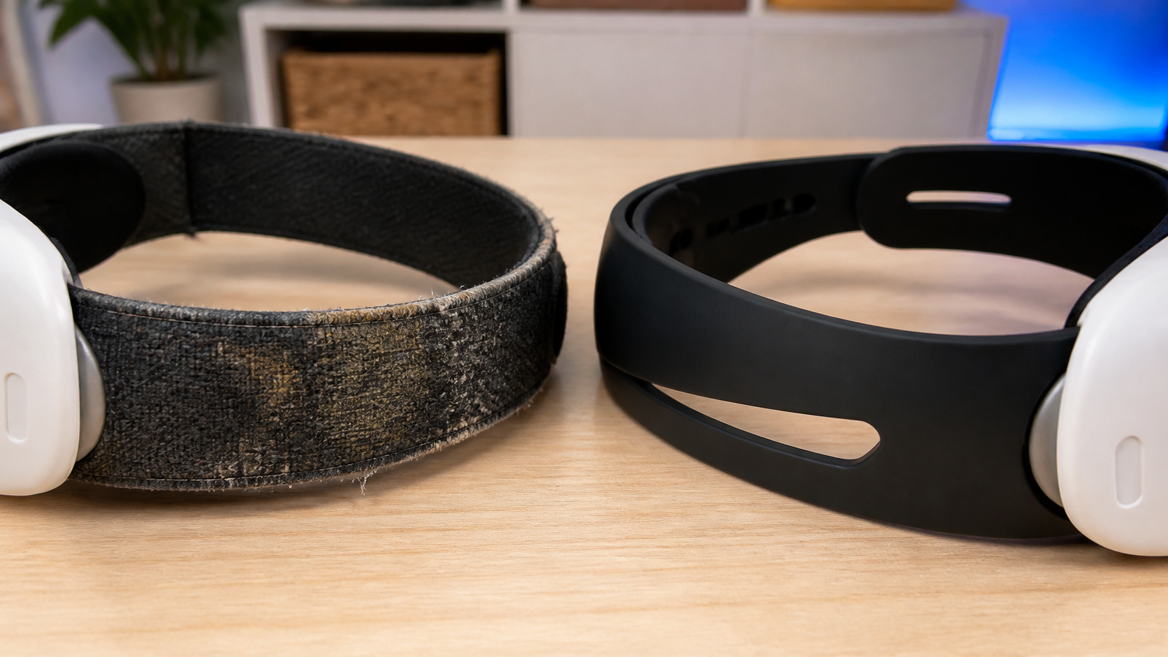 A frayed and stained fabric VR head strap contrasts with a clean new-looking silicone strap.