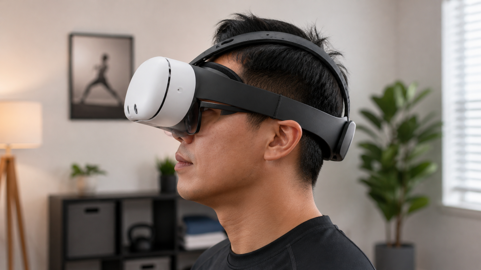 Side profile view showing a person with glasses wearing a VR headset with a silicone strap.