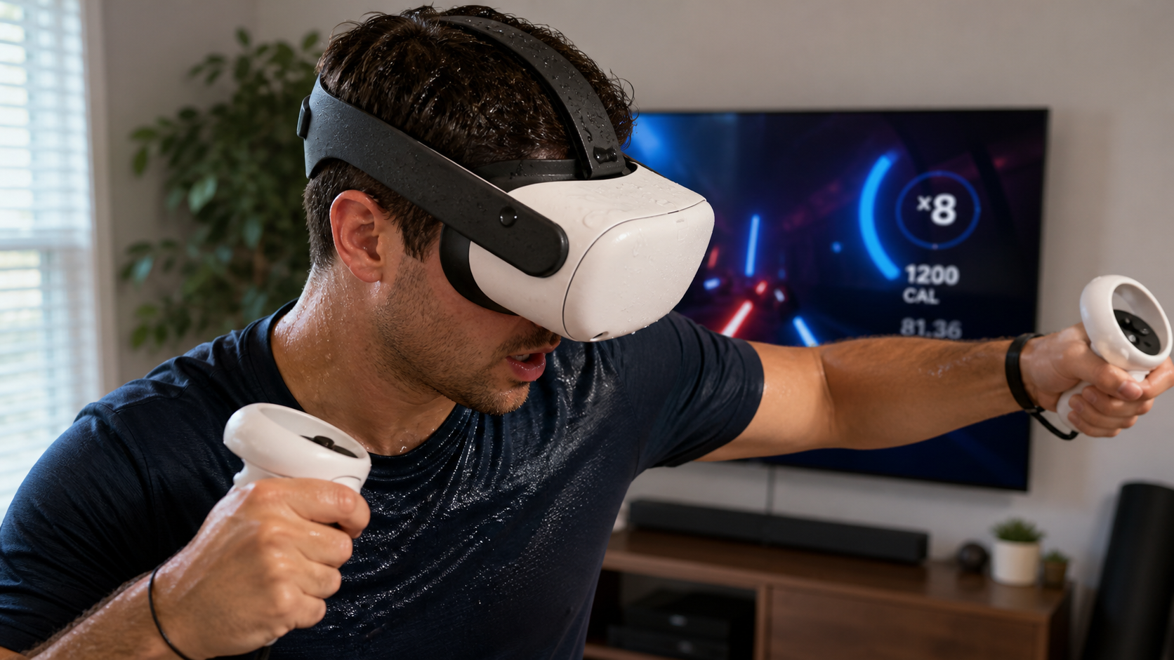 A person actively playing a VR fitness game with sweat glistening on the non-absorbent silicone head strap.