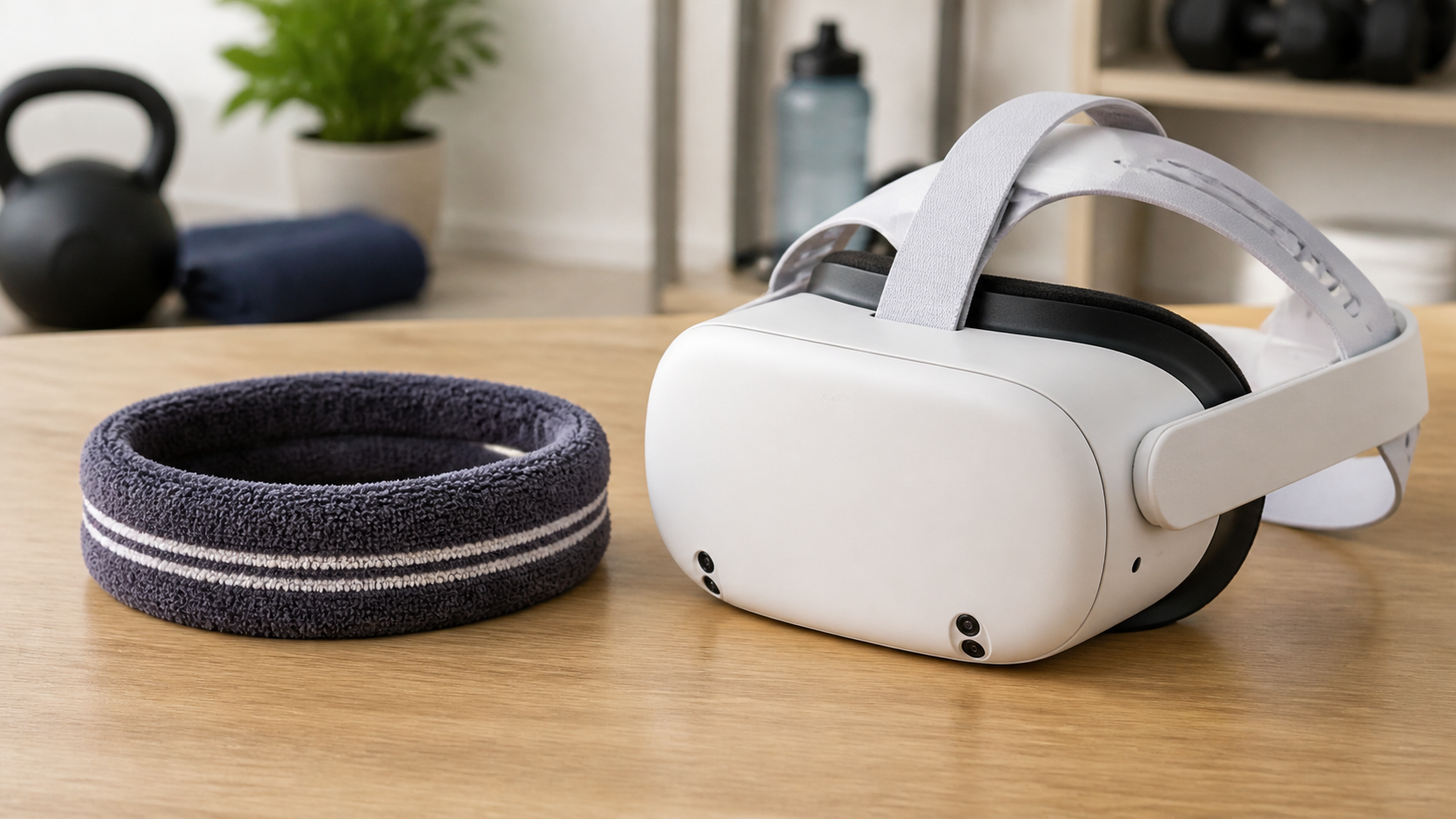 A cloth athletic sweatband and a VR headset with an integrated silicone strap side-by-side for comparison.
