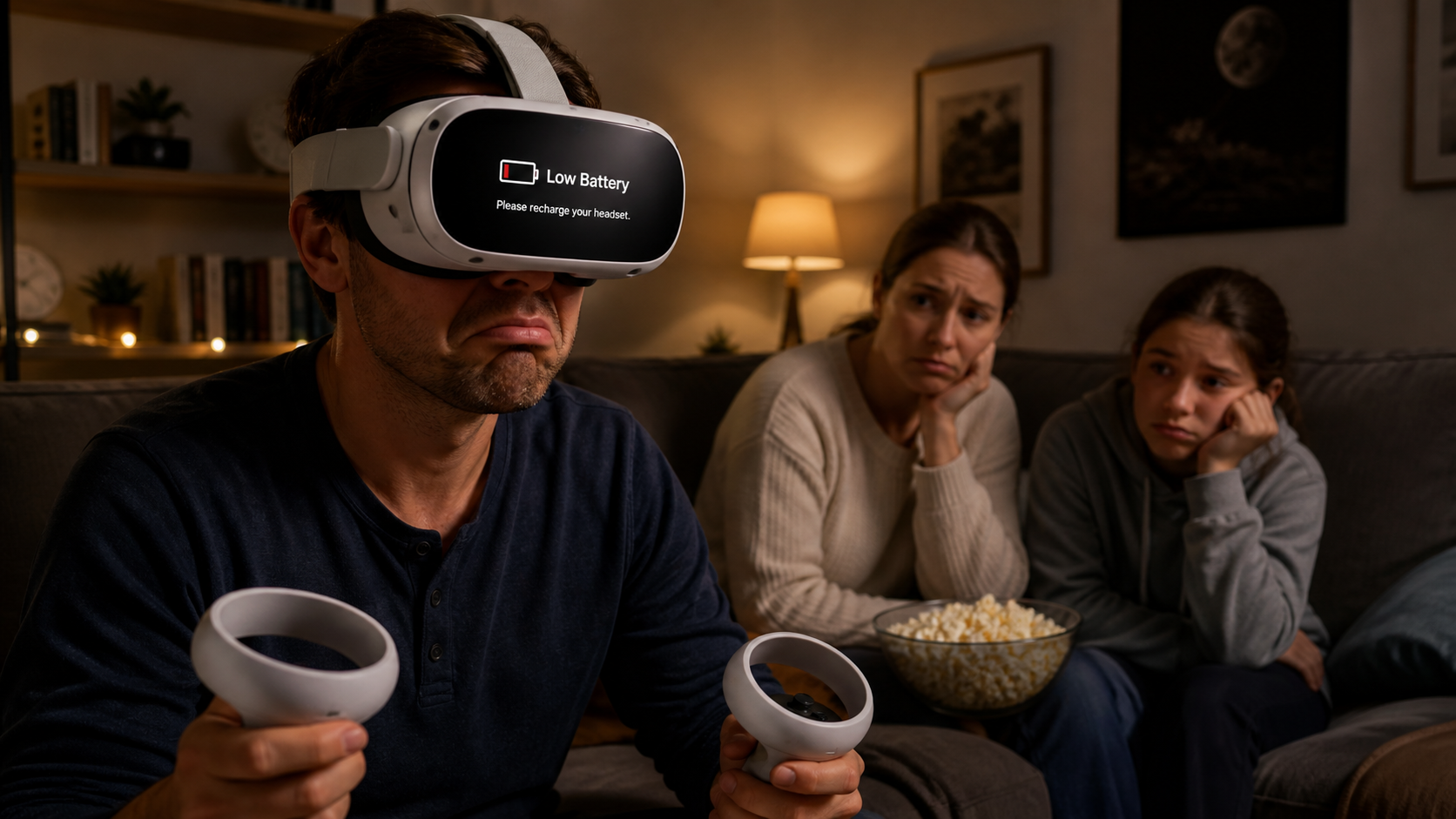 A family member looking disappointed at a low battery warning on a VR headset screen during a movie