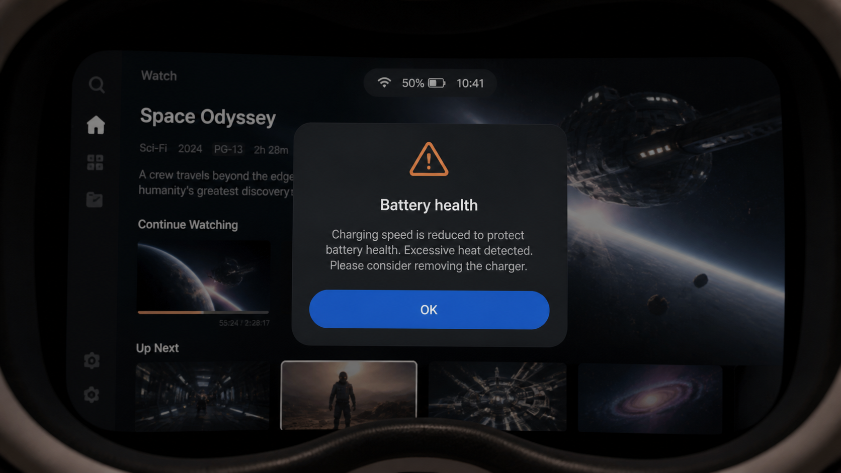 A close-up view of a VR headset's screen showing a battery health warning message over a movie interface
