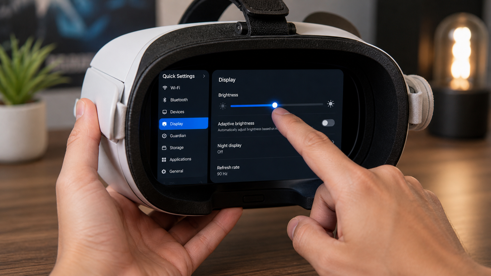 A user's hands adjusting the screen brightness slider within the VR headset's settings menu to save power